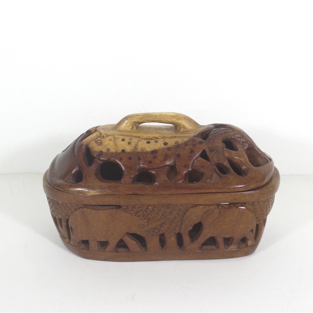 Vintage Carved Wood Box with Lid, Hand Carved African Safari Animals, Handmade